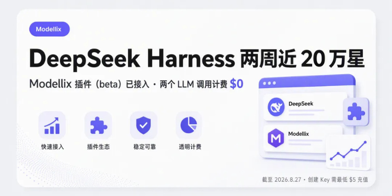 DeepSeek Harness 两周 20 万星,Modellix 的插件(beta)已接入,还带着零调用费的 LLM